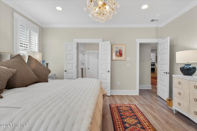 9294 Murphy Way SW, Calabash, NC 28467 - bedroom with crown molding, a chandelier, baseboards, light wood finished floors, and recessed lighting