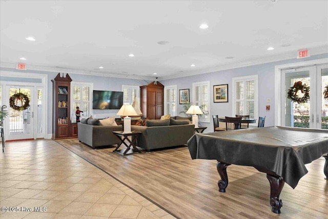 9294 Murphy Way SW, Calabash, NC 28467 - game room featuring recessed lighting, crown molding, billiards, light tile patterned floors, and french doors