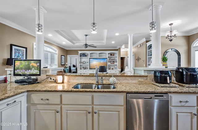 2911 Ridge Rd NW, Wilson, NC 27896 - kitchen featuring stainless steel dishwasher, ornate columns, a sink, crown molding, and a ceiling fan