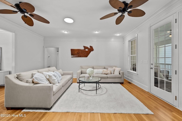 103 Low Country Ct, Hampstead, NC 28443 - living area featuring ceiling fan, wood finished floors, crown molding, baseboards, and recessed lighting