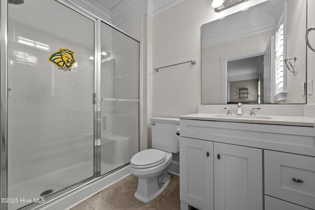 103 Low Country Ct, Hampstead, NC 28443 - full bathroom with crown molding, a shower stall, toilet, vanity, and tile patterned flooring