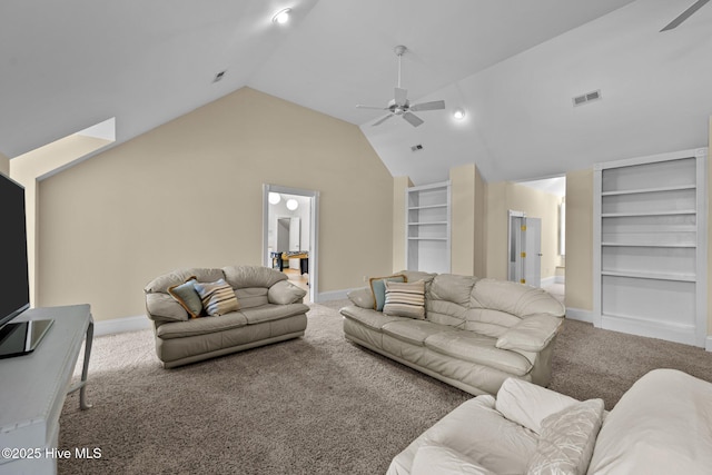 103 Low Country Ct, Hampstead, NC 28443 - carpeted living area with a ceiling fan, lofted ceiling, baseboards, and built in features