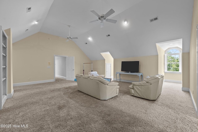 103 Low Country Ct, Hampstead, NC 28443 - carpeted living room featuring vaulted ceiling, ceiling fan, and baseboards