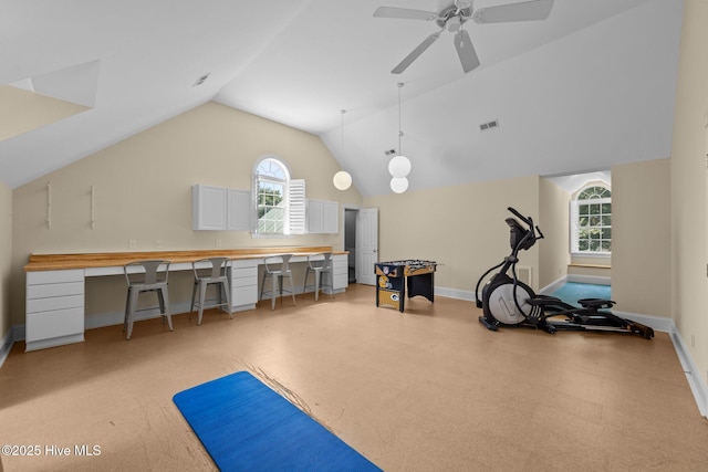 103 Low Country Ct, Hampstead, NC 28443 - workout room featuring baseboards, lofted ceiling, and ceiling fan