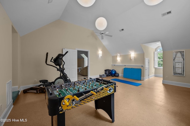 103 Low Country Ct, Hampstead, NC 28443 - playroom with vaulted ceiling, baseboards, and a ceiling fan