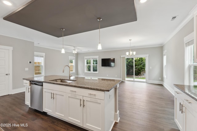 749 Cypress Village Pl, Wilmington, NC 28412 - kitchen with dishwasher, a sink, dark wood-style flooring, ornamental molding, and decorative light fixtures