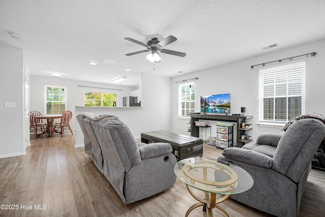 1182 Amber Pines Dr, Leland, NC 28451 - living room with wood finished floors, plenty of natural light, a ceiling fan, a textured ceiling, and baseboards