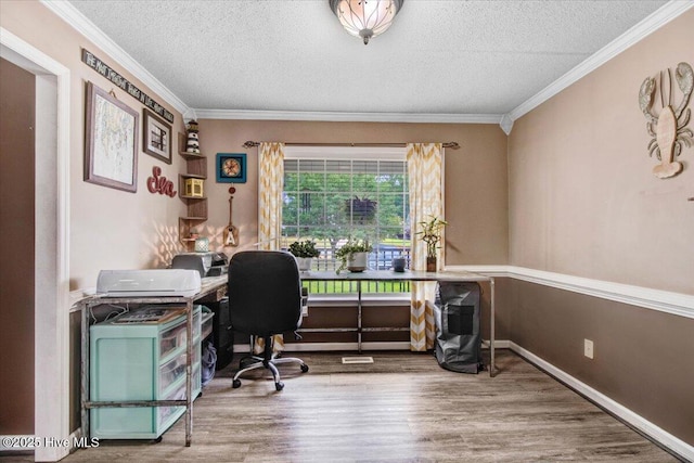 208 N Woodridge Dr, Pikeville, NC 27863 - office space featuring a textured ceiling, wood finished floors, and crown molding