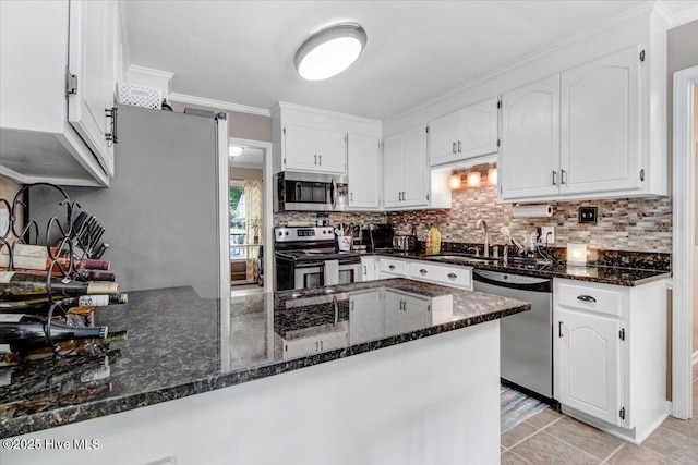 208 N Woodridge Dr, Pikeville, NC 27863 - kitchen with stainless steel appliances, a sink, dark stone counters, and ornamental molding