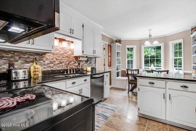 208 N Woodridge Dr, Pikeville, NC 27863 - kitchen with stainless steel dishwasher, a sink, white cabinets, tasteful backsplash, and black electric range