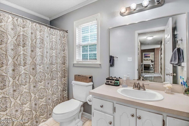 208 N Woodridge Dr, Pikeville, NC 27863 - bathroom with vanity, toilet, ornamental molding, tile patterned floors, and a shower with shower curtain