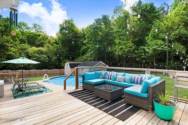 208 N Woodridge Dr, Pikeville, NC 27863 - wooden terrace featuring outdoor lounge area and a fenced backyard
