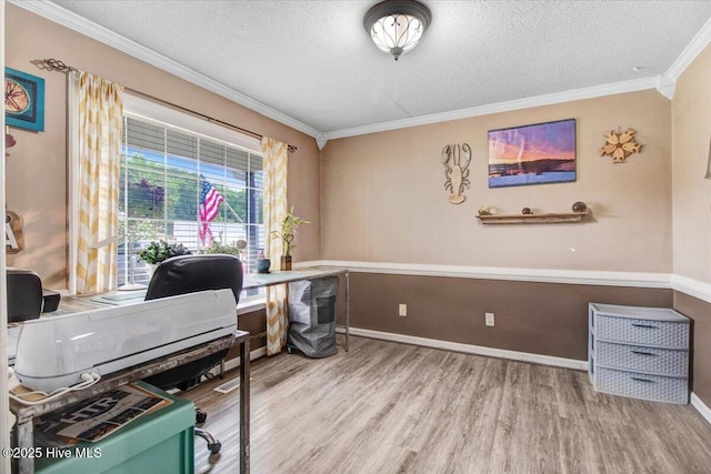 208 N Woodridge Dr, Pikeville, NC 27863 - office area featuring wood finished floors, a textured ceiling, ornamental molding, and baseboards