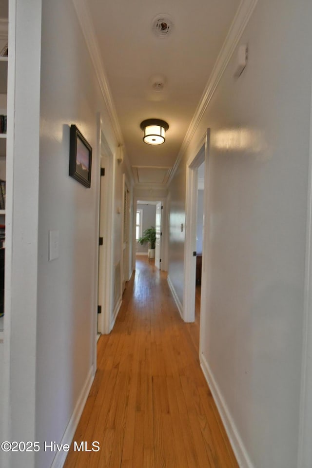 114 Lansdowne Rd, Wilmington, NC 28409 - hall featuring attic access, crown molding, light wood finished floors, and baseboards