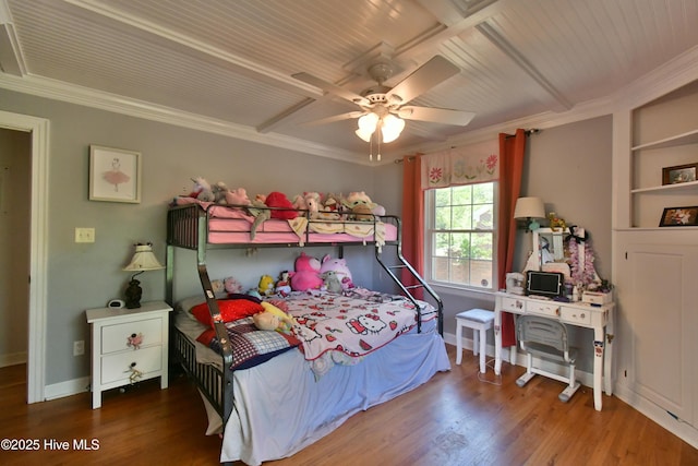 114 Lansdowne Rd, Wilmington, NC 28409 - bedroom featuring wood finished floors, ornamental molding, baseboards, wooden ceiling, and ceiling fan