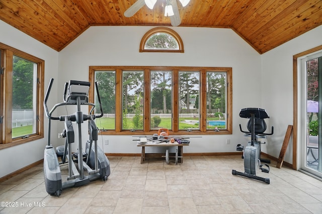 145 N Point Blvd, Moyock, NC 27958 - exercise room featuring wooden ceiling, vaulted ceiling, plenty of natural light, a ceiling fan, and light tile patterned floors