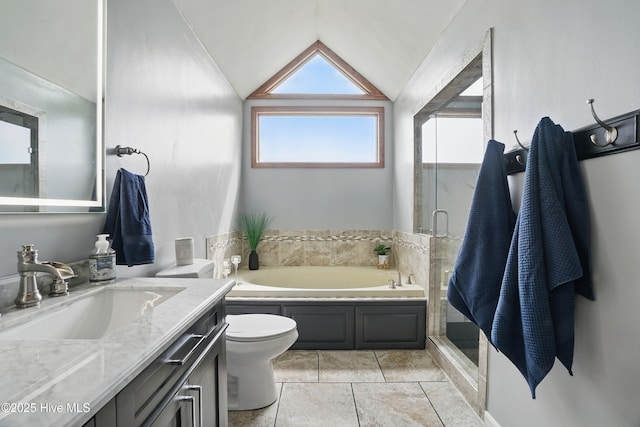 145 N Point Blvd, Moyock, NC 27958 - bathroom with vanity, a bath, vaulted ceiling, toilet, and a stall shower