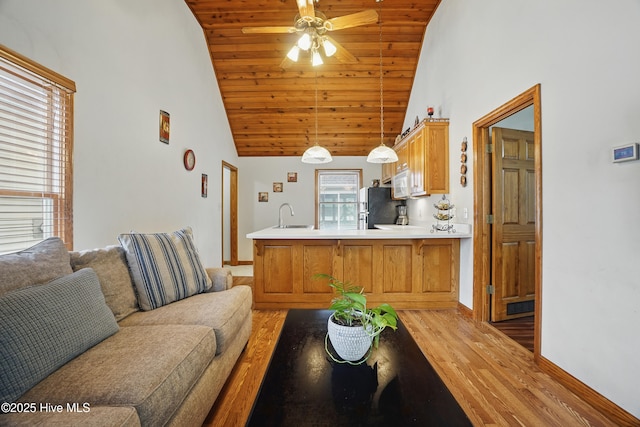 145 N Point Blvd, Moyock, NC 27958 - living area with light wood-style flooring, high vaulted ceiling, wood ceiling, a ceiling fan, and baseboards