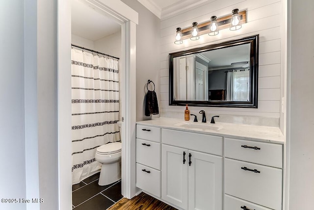 4838 Stillwell Rd, Wilmington, NC 28412 - bathroom with toilet, crown molding, vanity, and curtained shower