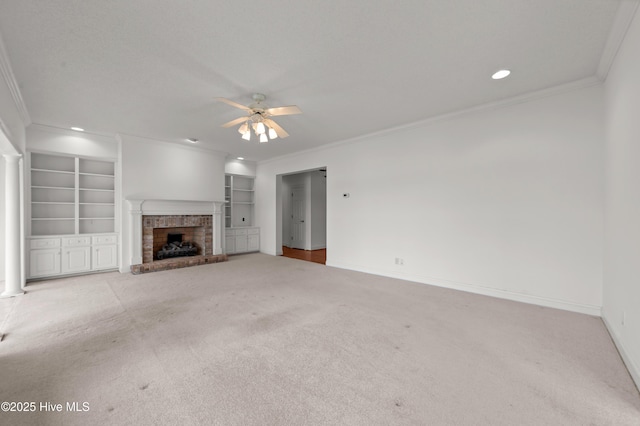 151 Pungo View Rd, Belhaven, NC 27810 - unfurnished living room featuring ceiling fan, crown molding, carpet, baseboards, and recessed lighting