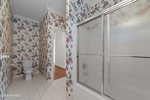 151 Pungo View Rd, Belhaven, NC 27810 - full bath featuring crown molding, wallpapered walls, toilet, tile patterned flooring, and bath / shower combo with glass door