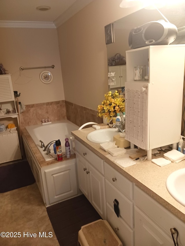 4404 Sunflower Ct NW, Wilson, NC 27896 - full bathroom with double vanity, crown molding, a garden tub, and tile patterned flooring
