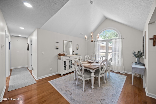 112 Lakeview Ln, Washington, NC 27889 - dining space featuring a chandelier, a textured ceiling, wood finished floors, lofted ceiling, and recessed lighting