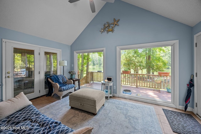 112 Lakeview Ln, Washington, NC 27889 - living area featuring plenty of natural light, ceiling fan, high vaulted ceiling, and tile patterned flooring