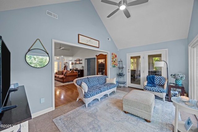 112 Lakeview Ln, Washington, NC 27889 - living area featuring a ceiling fan, high vaulted ceiling, tile patterned flooring, and french doors