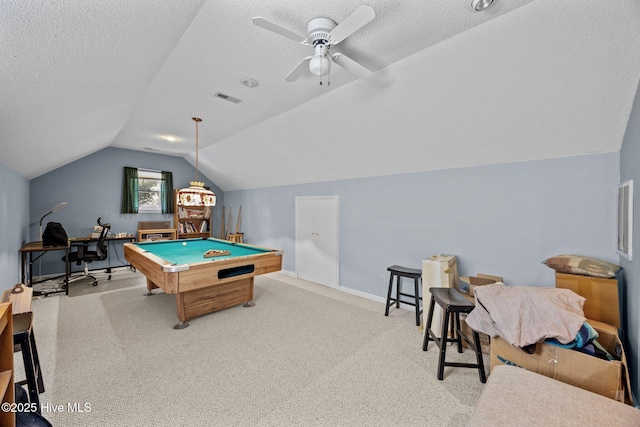 112 Lakeview Ln, Washington, NC 27889 - playroom with vaulted ceiling, carpet flooring, a textured ceiling, billiards, and ceiling fan