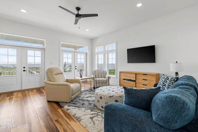 316 Bettie Path Rd, Beaufort, NC 28516 - living room featuring french doors, a ceiling fan, wood finished floors, and recessed lighting