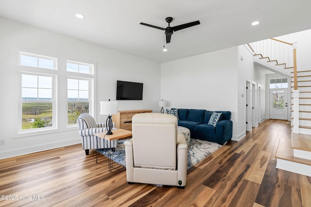 316 Bettie Path Rd, Beaufort, NC 28516 - living room featuring stairway, ceiling fan, healthy amount of natural light, wood finished floors, and recessed lighting