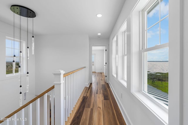 316 Bettie Path Rd, Beaufort, NC 28516 - hall featuring wood finished floors, an upstairs landing, recessed lighting, a water view, and baseboards