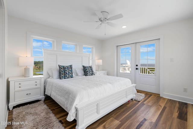 316 Bettie Path Rd, Beaufort, NC 28516 - bedroom with access to exterior, baseboards, dark wood finished floors, recessed lighting, and a ceiling fan