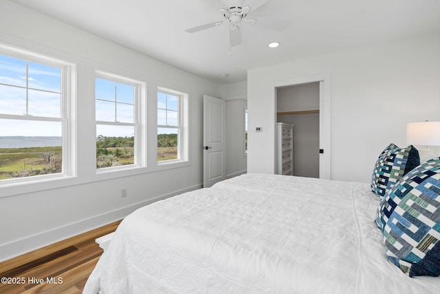 316 Bettie Path Rd, Beaufort, NC 28516 - bedroom featuring wood finished floors, baseboards, ceiling fan, a spacious closet, and recessed lighting