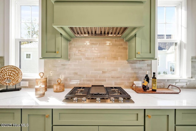 3810 River Park Way NE, Leland, NC 28451 - kitchen featuring green cabinets, stainless steel gas cooktop, and custom exhaust hood