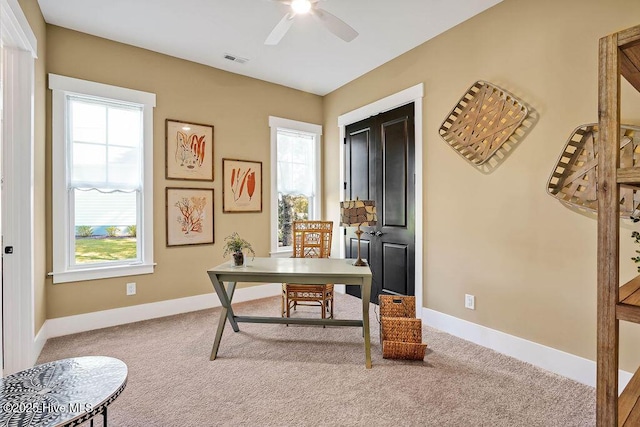 3810 River Park Way NE, Leland, NC 28451 - office with a ceiling fan, carpet flooring, plenty of natural light, and baseboards