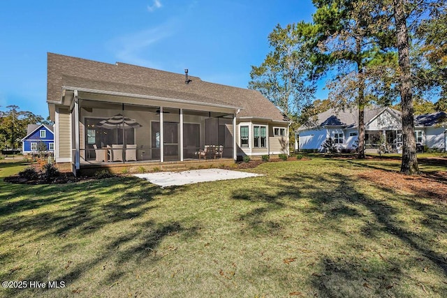 3810 River Park Way NE, Leland, NC 28451 - rear view of property featuring a sunroom, a lawn, a ceiling fan, and a patio area