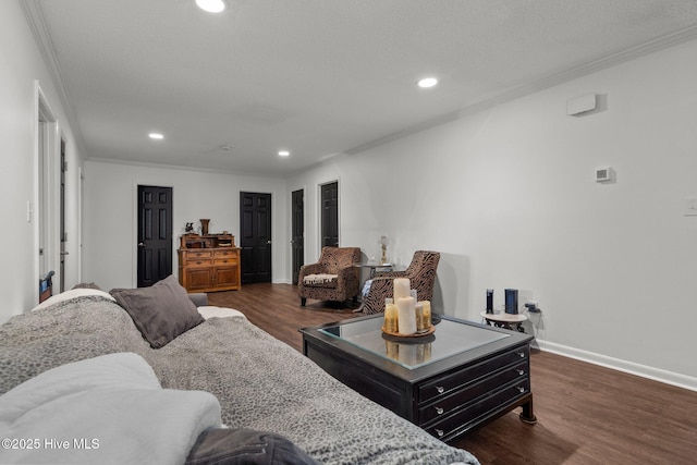 140 One Down St, Southern Pines, NC 28387 - living room with ornamental molding, dark wood-type flooring, recessed lighting, and baseboards