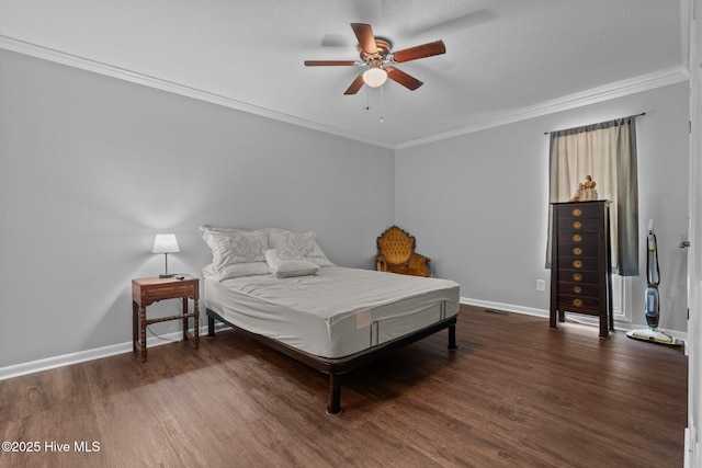 140 One Down St, Southern Pines, NC 28387 - bedroom featuring wood finished floors, crown molding, baseboards, a textured ceiling, and ceiling fan