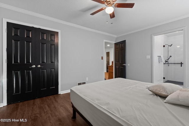 140 One Down St, Southern Pines, NC 28387 - bedroom with ornamental molding, dark wood finished floors, baseboards, and a ceiling fan