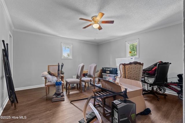 140 One Down St, Southern Pines, NC 28387 - home office featuring a ceiling fan, wood finished floors, ornamental molding, baseboards, and a textured ceiling