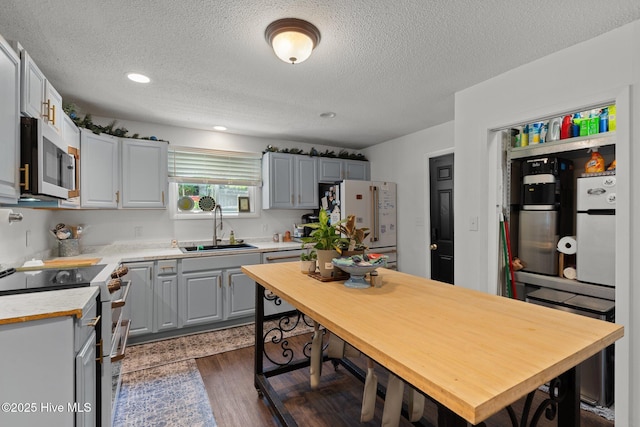 140 One Down St, Southern Pines, NC 28387 - kitchen featuring a sink, stainless steel appliances, a textured ceiling, gray cabinets, and dark wood-style flooring