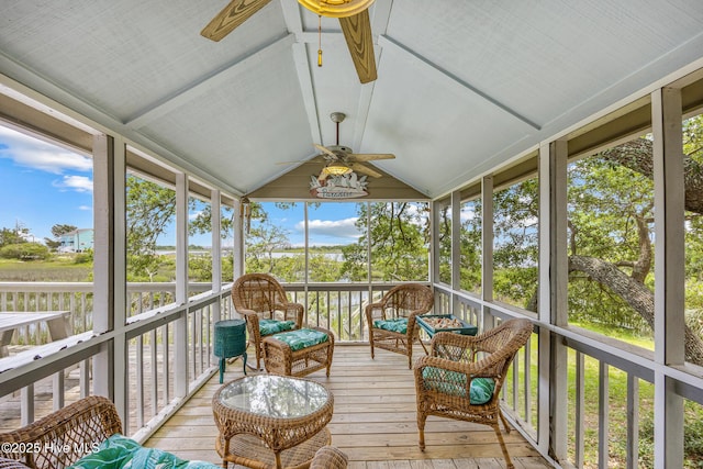 1137 Indigo Cir, Sunset Beach, NC 28468 - sunroom featuring a ceiling fan and vaulted ceiling