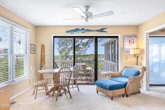 1137 Indigo Cir, Sunset Beach, NC 28468 - carpeted dining room featuring plenty of natural light, a ceiling fan, a textured ceiling, and baseboards