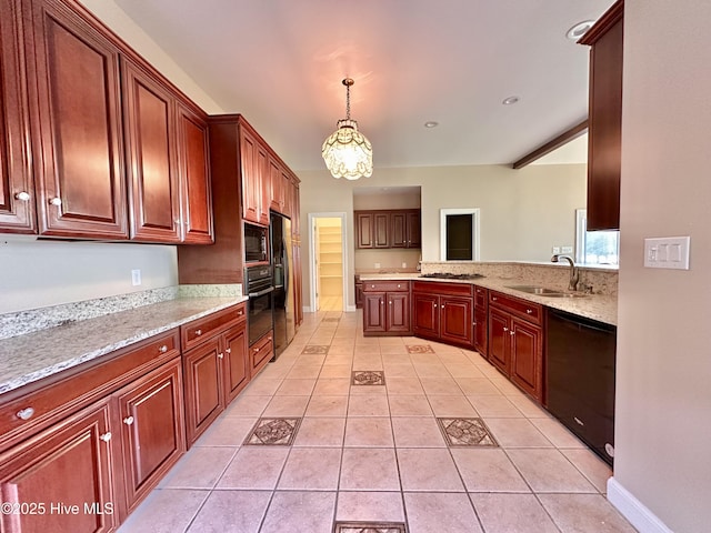 141 Baybreeze Dr, Shiloh, NC 27974 - kitchen featuring black appliances, a sink, light tile patterned floors, pendant lighting, and light stone countertops