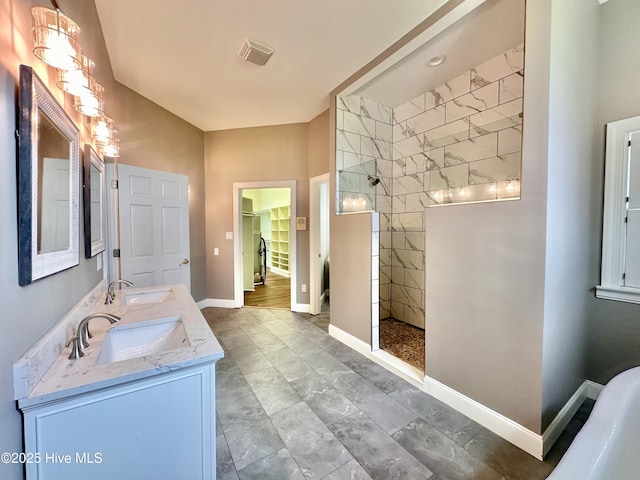 141 Baybreeze Dr, Shiloh, NC 27974 - bathroom featuring walk in shower, double vanity, and baseboards
