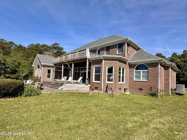 141 Baybreeze Dr, Shiloh, NC 27974 - rear view of house with central air condition unit, a yard, a patio area, brick siding, and roof with shingles