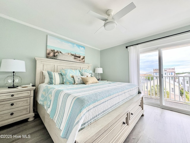 702 Carolina Beach Ave N Unit 3A, Carolina Beach, NC 28428 - bedroom with access to exterior, wood finished floors, crown molding, and ceiling fan