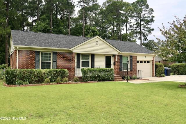 5055 Hampshire Dr, Fayetteville, NC 28311 - ranch-style home featuring concrete driveway, a garage, brick siding, a front yard, and a shingled roof